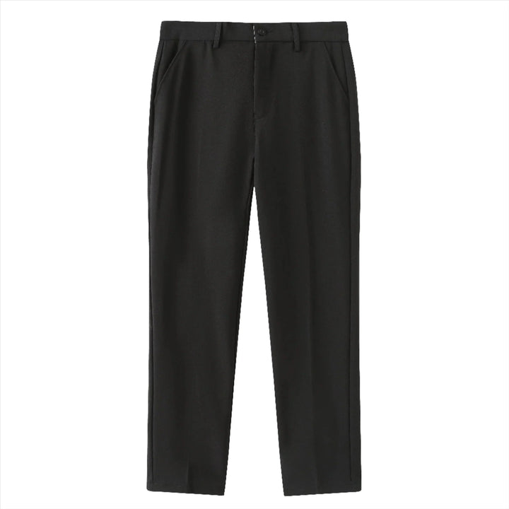 Black stretch pants with straight leg, front button closure, and belt loops