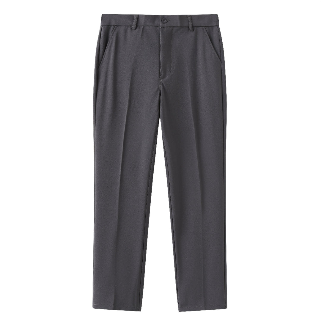 Grey stretch pants with straight leg, front button closure, and belt loops