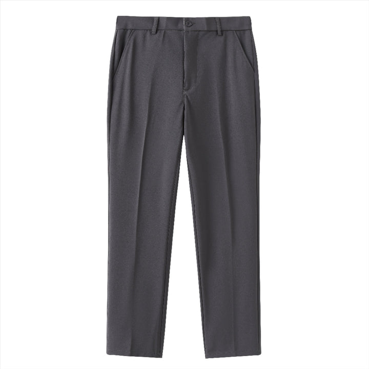 Grey stretch pants with straight leg, front button closure, and belt loops