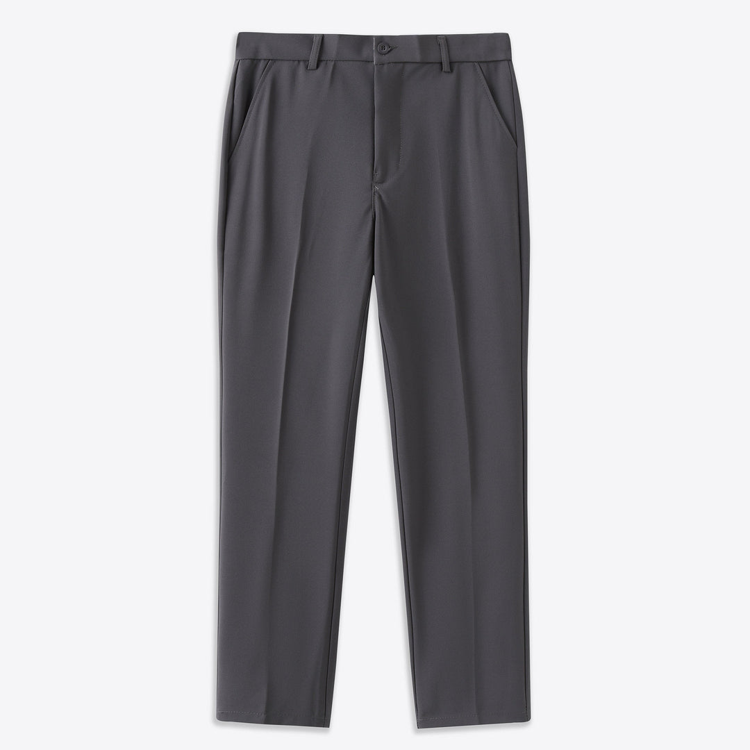 Gray stretch pants with button-closure waistband and belt loops
