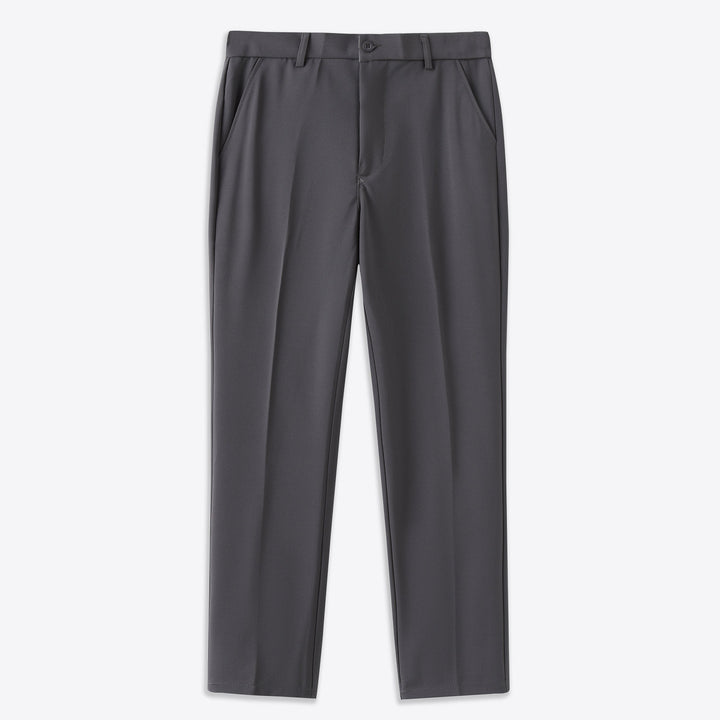 Gray stretch pants with button-closure waistband and belt loops