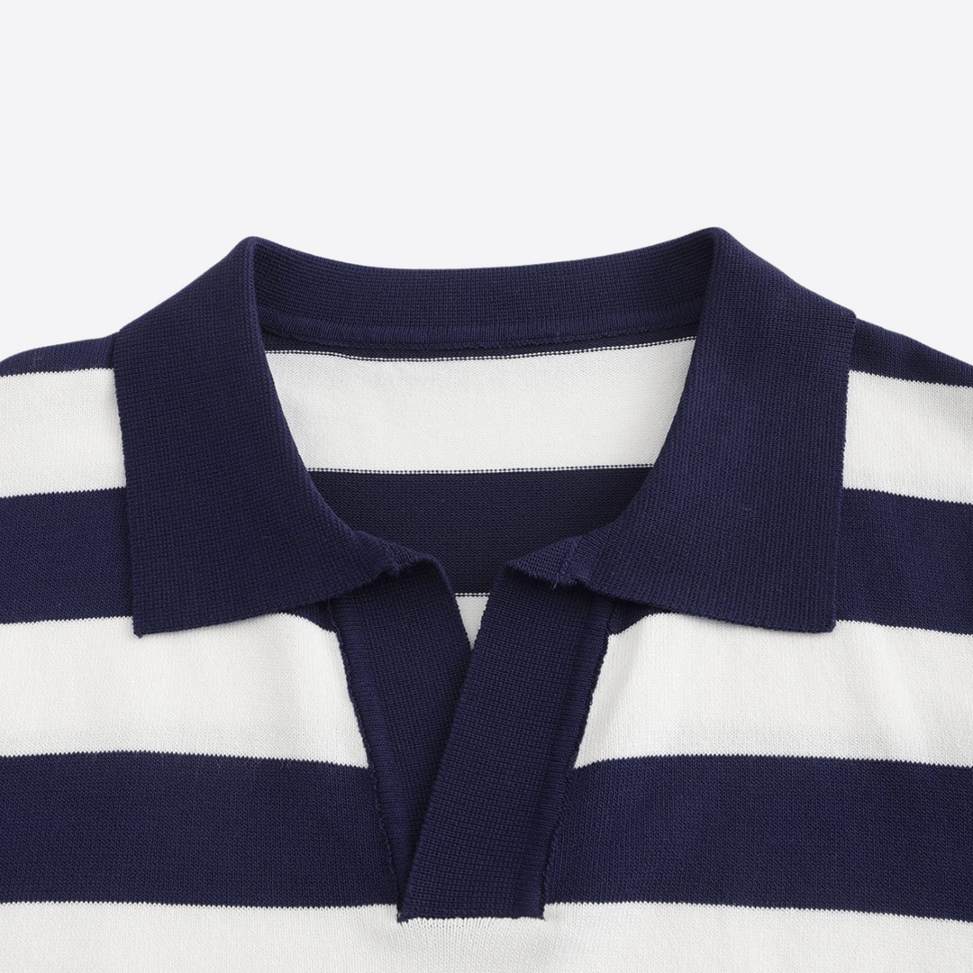 Striped polo shirt collar and button placket in navy and white