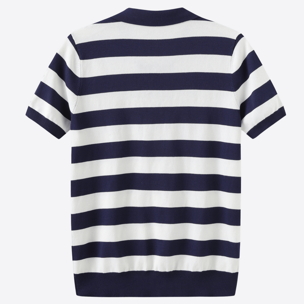 Men's striped polo shirt, navy-and-white horizontal stripe knit, short sleeves