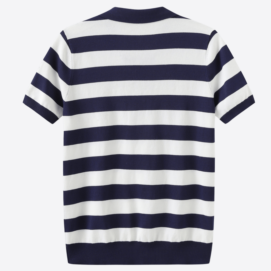 Men's striped polo shirt, navy-and-white horizontal stripe knit, short sleeves