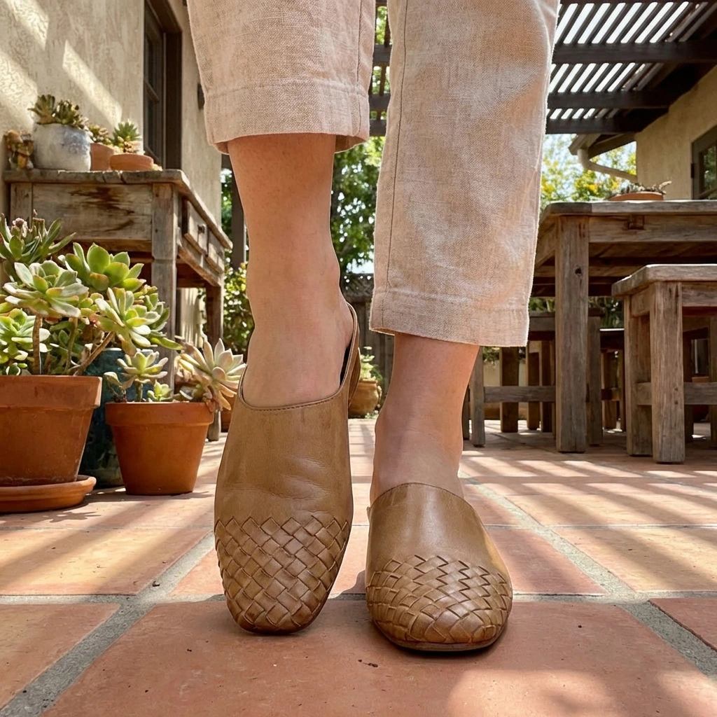 Women’s woven flat mules, tan slip-on with braided pattern and rounded toe