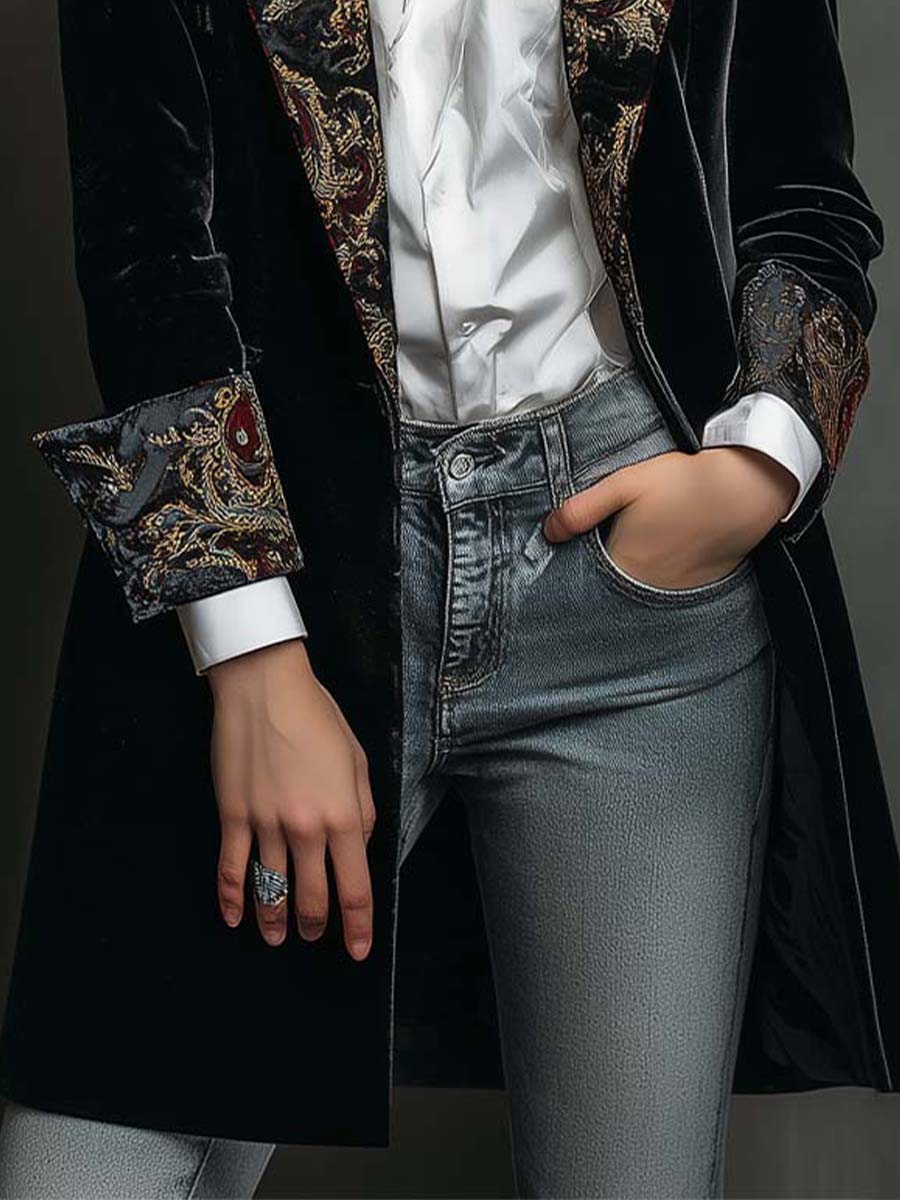 Vivienne | Black Velvet Baroque Longline Blazer