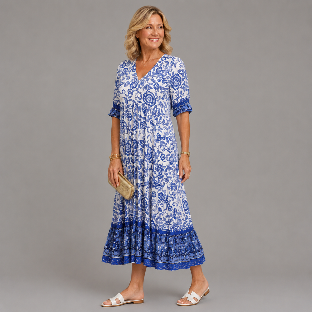 Blue floral V-neck tiered midi dress, short sleeves, gathered skirt tiers