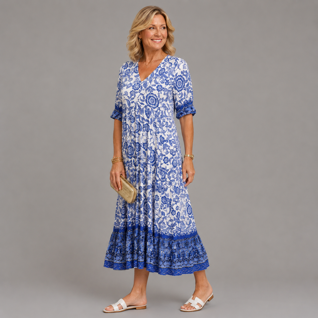 Blue floral V-neck tiered midi dress, short sleeves, gathered skirt tiers