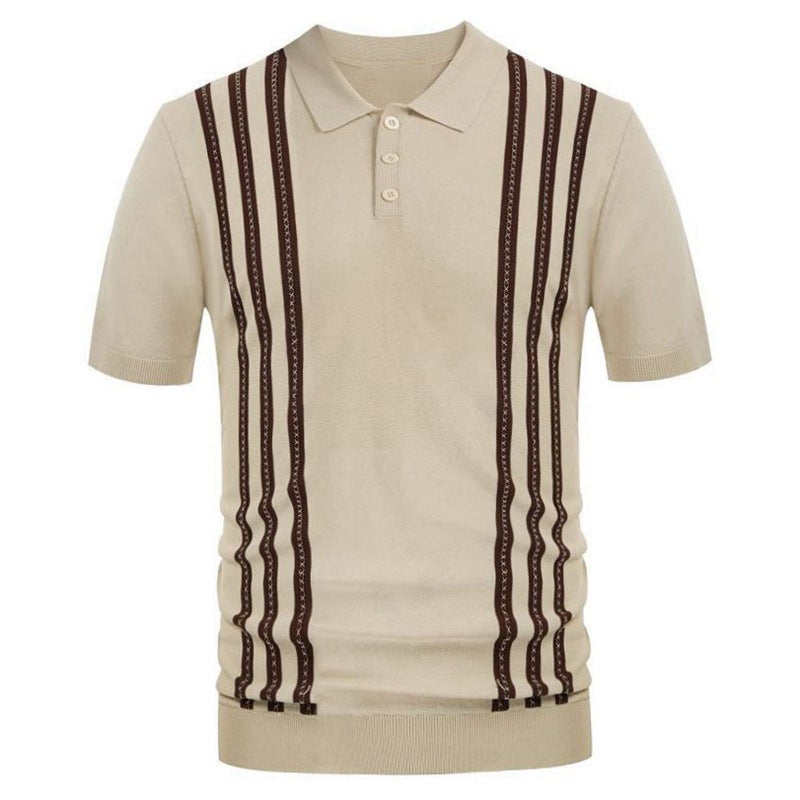 Beige short-sleeve polo with vertical brown and cream striped panels, button placket