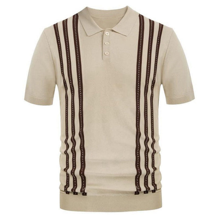 Beige short-sleeve polo with vertical brown and cream striped panels, button placket