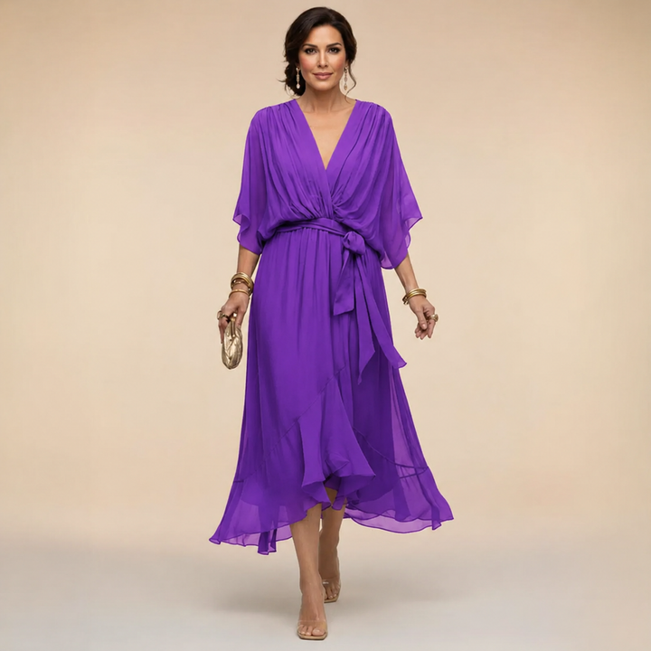 V-neck chiffon dress, purple, 3/4 sleeves, tie waist, ruffled hem