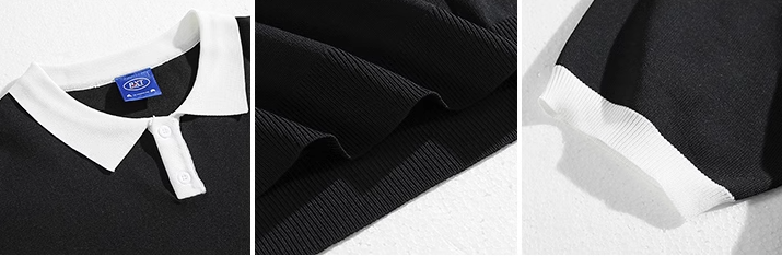 Men's polo details: white contrast collar, button placket, ribbed knit texture close-up