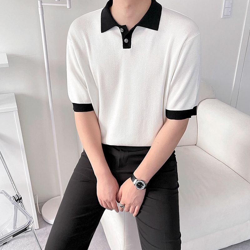 Men's wide-sleeve polo shirt on model: white knit with black contrast collar