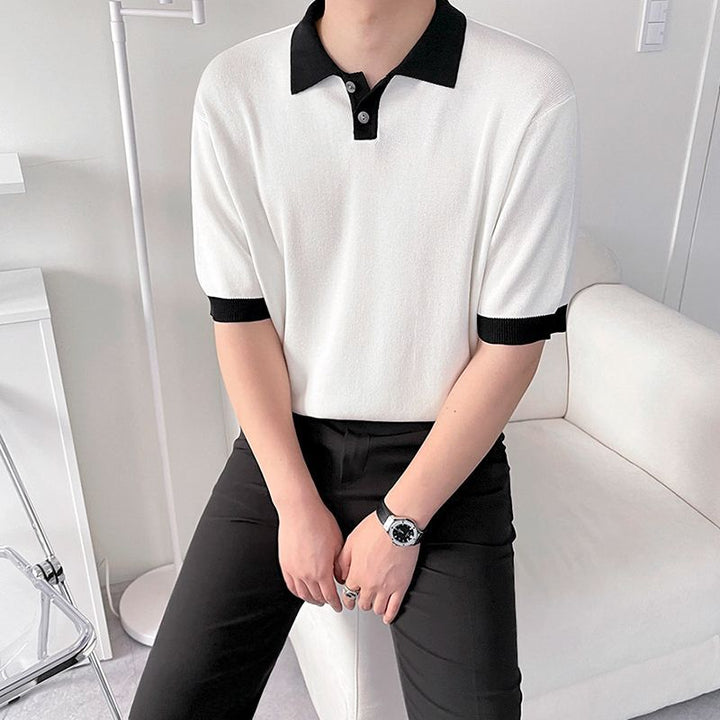 Men's wide-sleeve polo shirt on model: white knit with black contrast collar