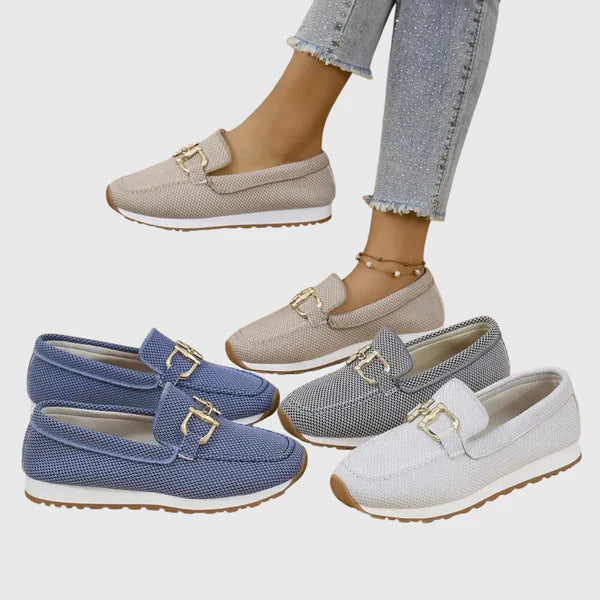 Set of women's comfort slip-on loafers in beige, blue, and white with gold buckle accents