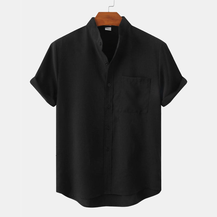 Black solid cotton button-up shirt with short sleeves and chest pocket.