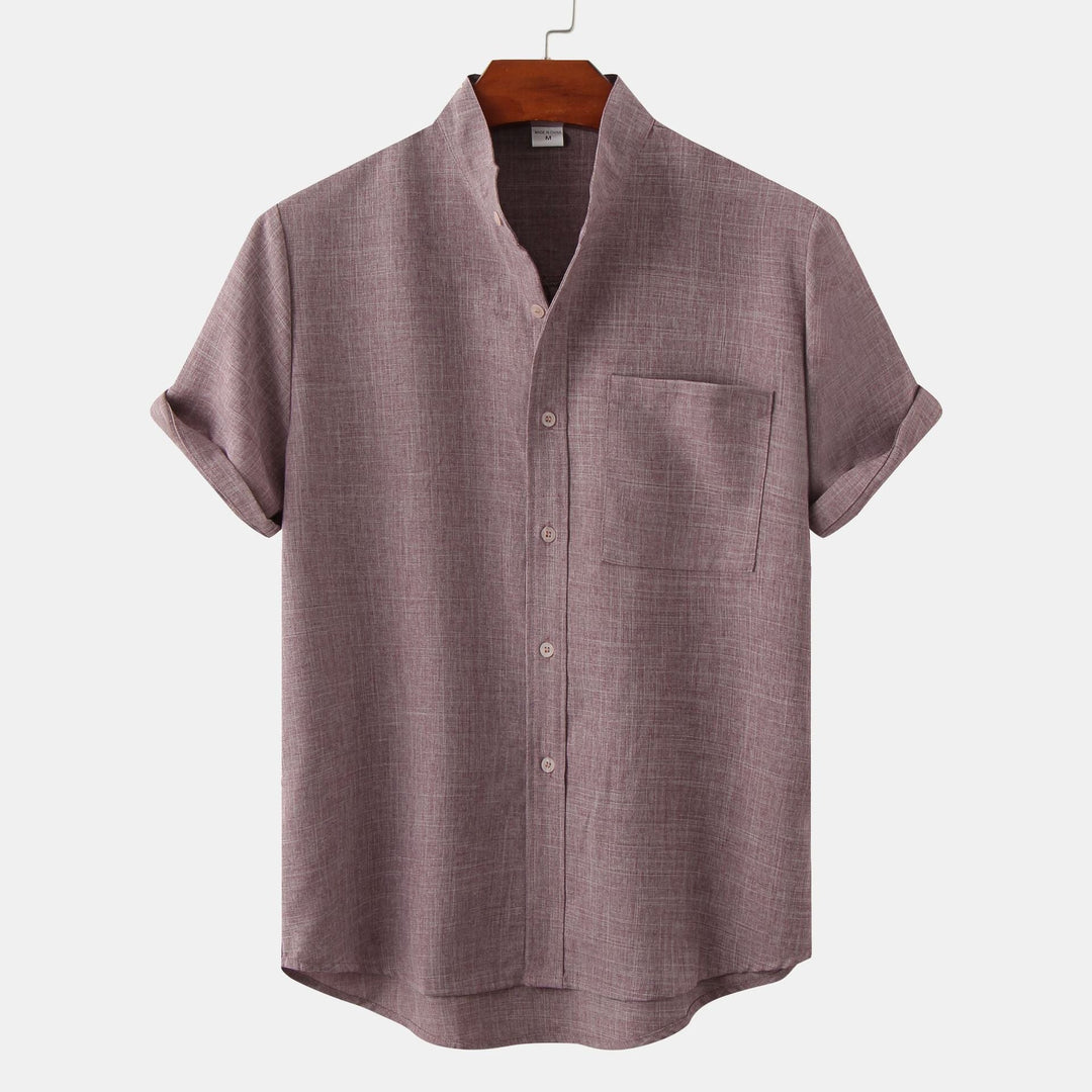 Mauve solid cotton button-up shirt with short sleeves and front buttons.