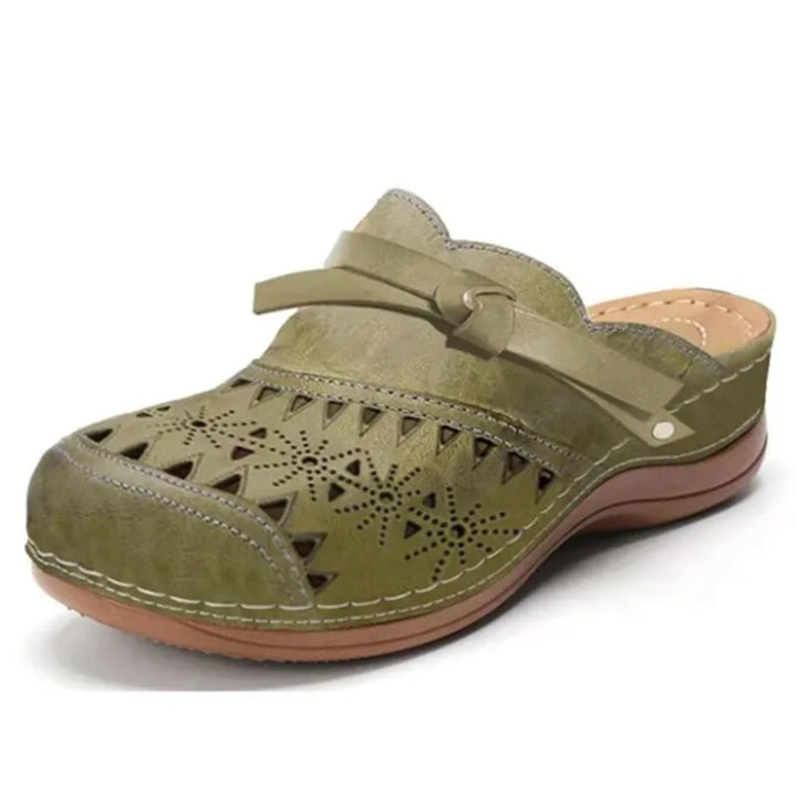 Olive cutout slip-on clogs for women with side strap, perforated cutout upper