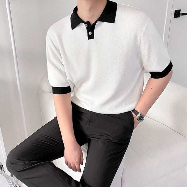 Men's wide-sleeve polo shirt on model: white knit with black contrast collar