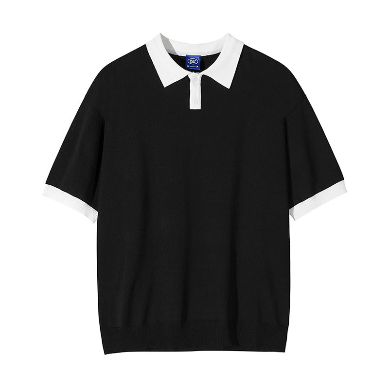 Men's wide-sleeve polo shirt, black knit with white contrast collar and short sleeves