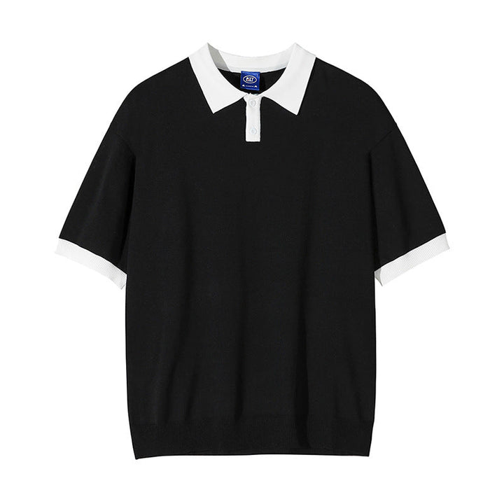 Men's wide-sleeve polo shirt, black knit with white contrast collar and short sleeves