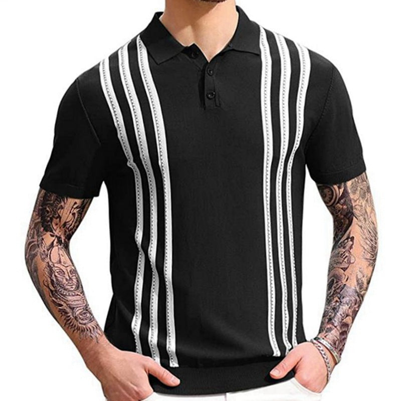 Black collared polo with vertical white-striped panels, short sleeves, button placket