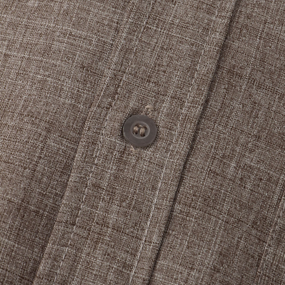 Taupe cotton shirt front button on the button-up placket, short-sleeve style.
