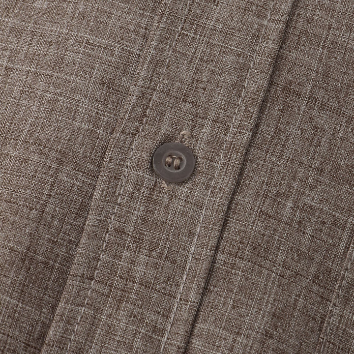 Taupe cotton shirt front button on the button-up placket, short-sleeve style.