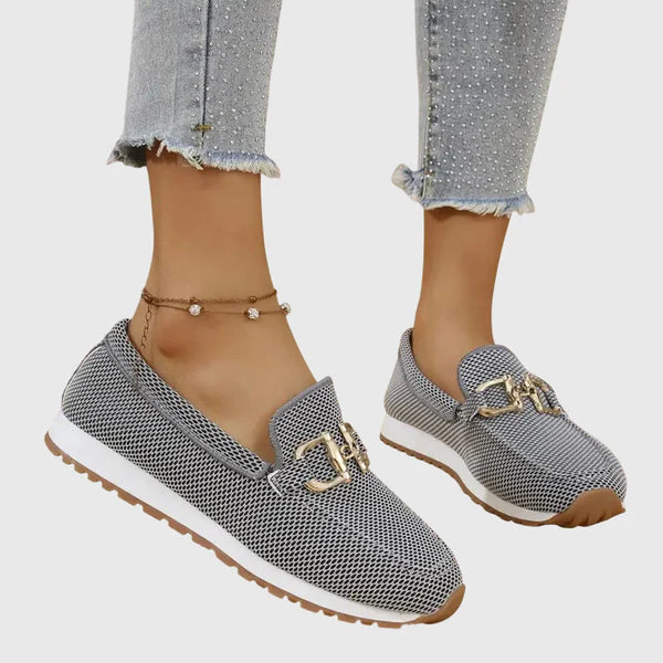 Gray women's comfort slip-on loafers with gold buckle detail and textured knit upper