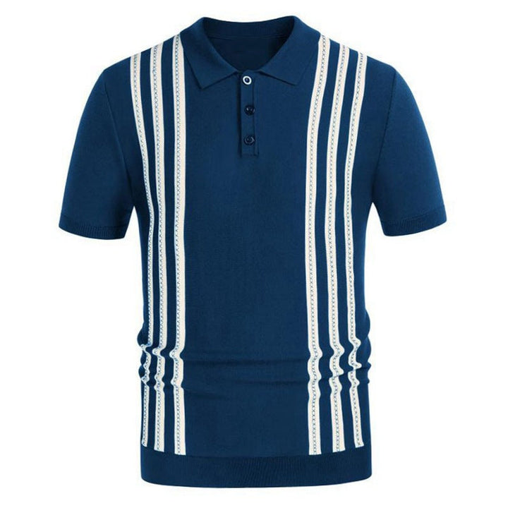 Blue short-sleeve polo shirt with vertical white and dark striped panels, button placket