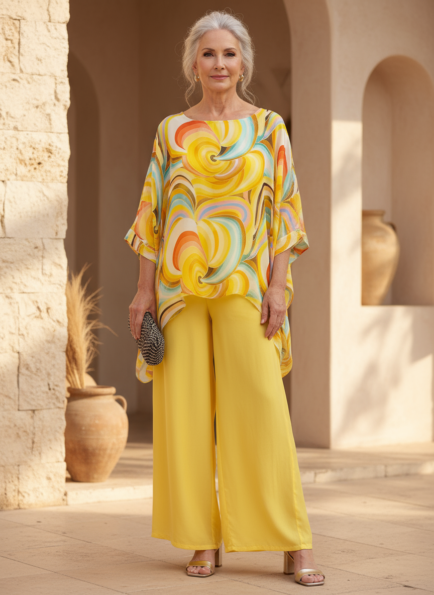 Yellow two-piece set with multicolor swirl tunic and flowy wide-leg pants