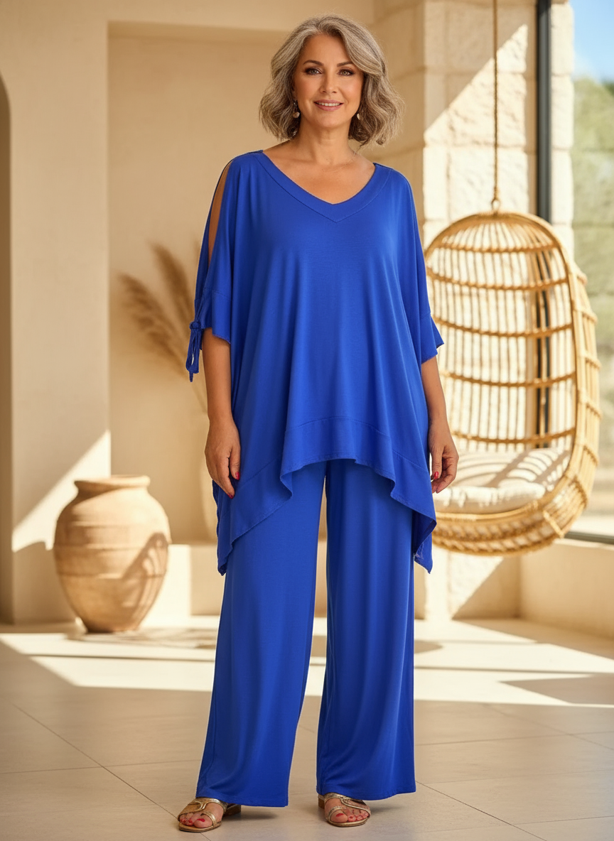 Flowing two-piece set, blue V-neck tunic with draped hem and matching wide-leg pants
