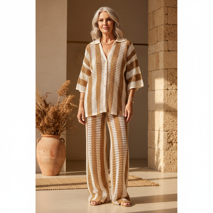 Textured stripe two-piece set with open-front short-sleeve top and wide-leg pants