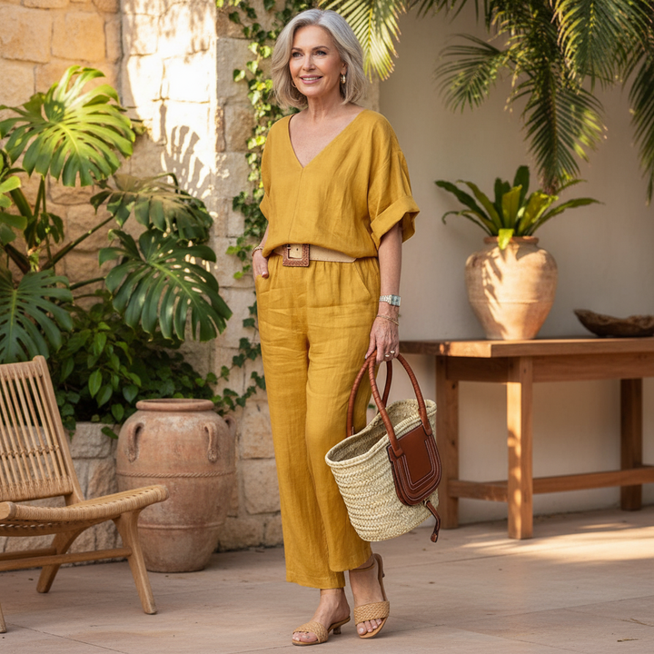 Mustard yellow V-neck two-piece set with wide sleeves and ankle-length matching pants