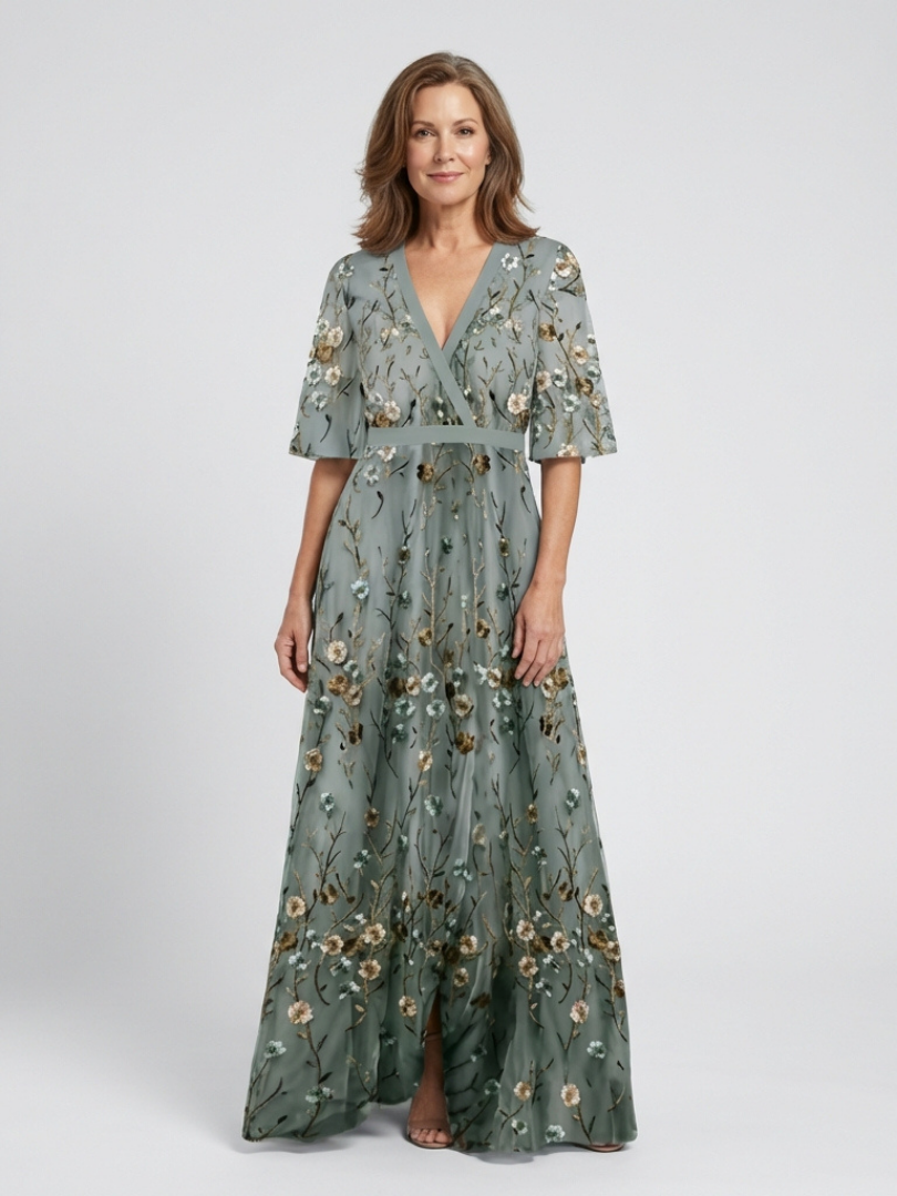 Green floral V-neck short-sleeve maxi dress with gathered waist and full skirt