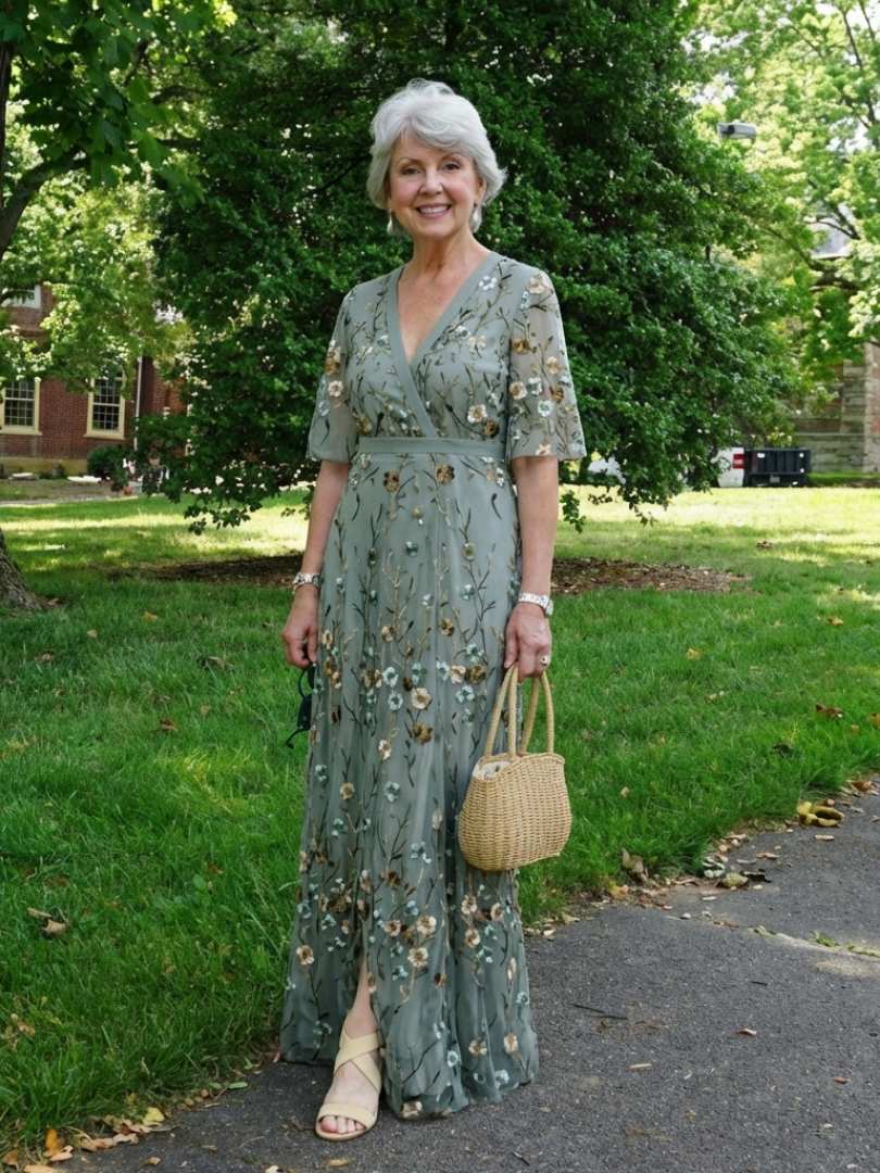 Green floral V-neck short-sleeve maxi dress with gathered waist and embroidered blossoms