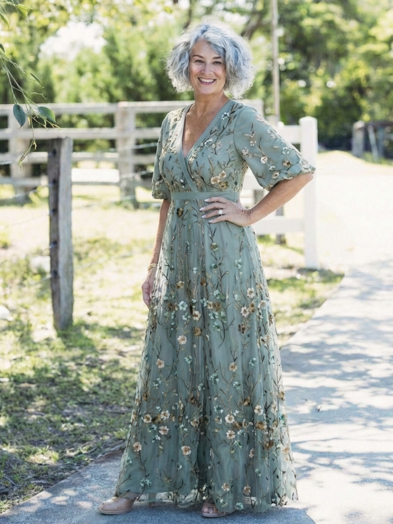 Green floral V-neck short-sleeve maxi dress with flowing gathered tiers