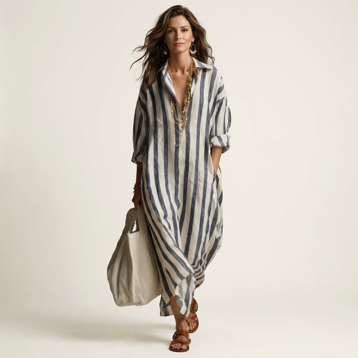Carra striped maxi dress, V-neck button-front with cuffed sleeves