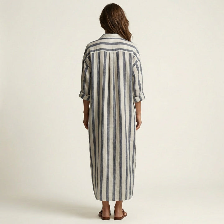 Carra striped maxi dress, back view with vertical stripes and cuffed sleeves