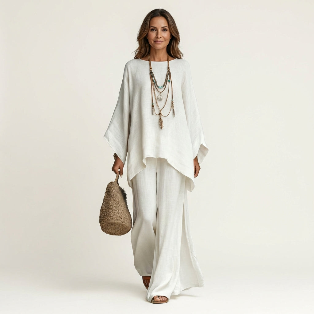 White linen-blend boho set: draped dolman blouse with wide-leg pants