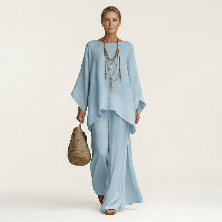 Light blue linen-blend boho set: draped dolman blouse and wide-leg pants