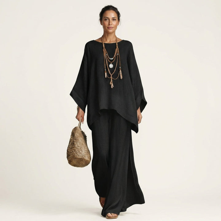 Black linen-blend boho set: draped dolman blouse with wide-leg pants