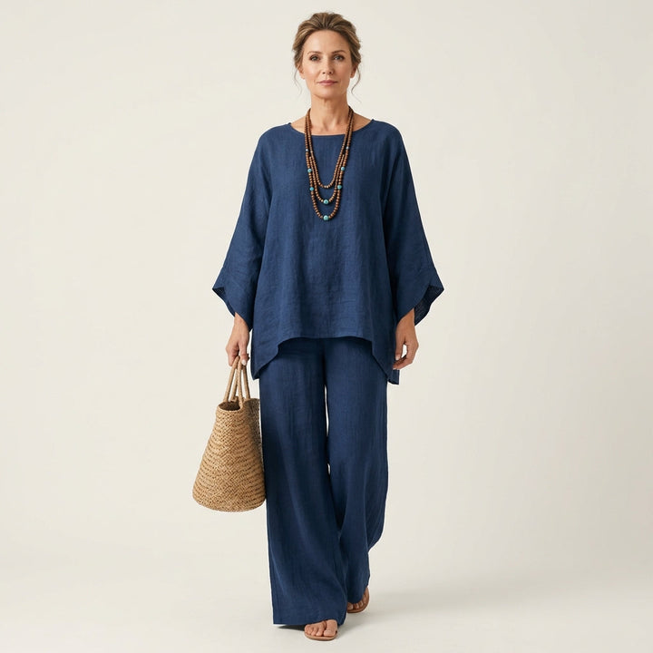 Navy linen-blend boho set: draped dolman blouse and wide-leg pants