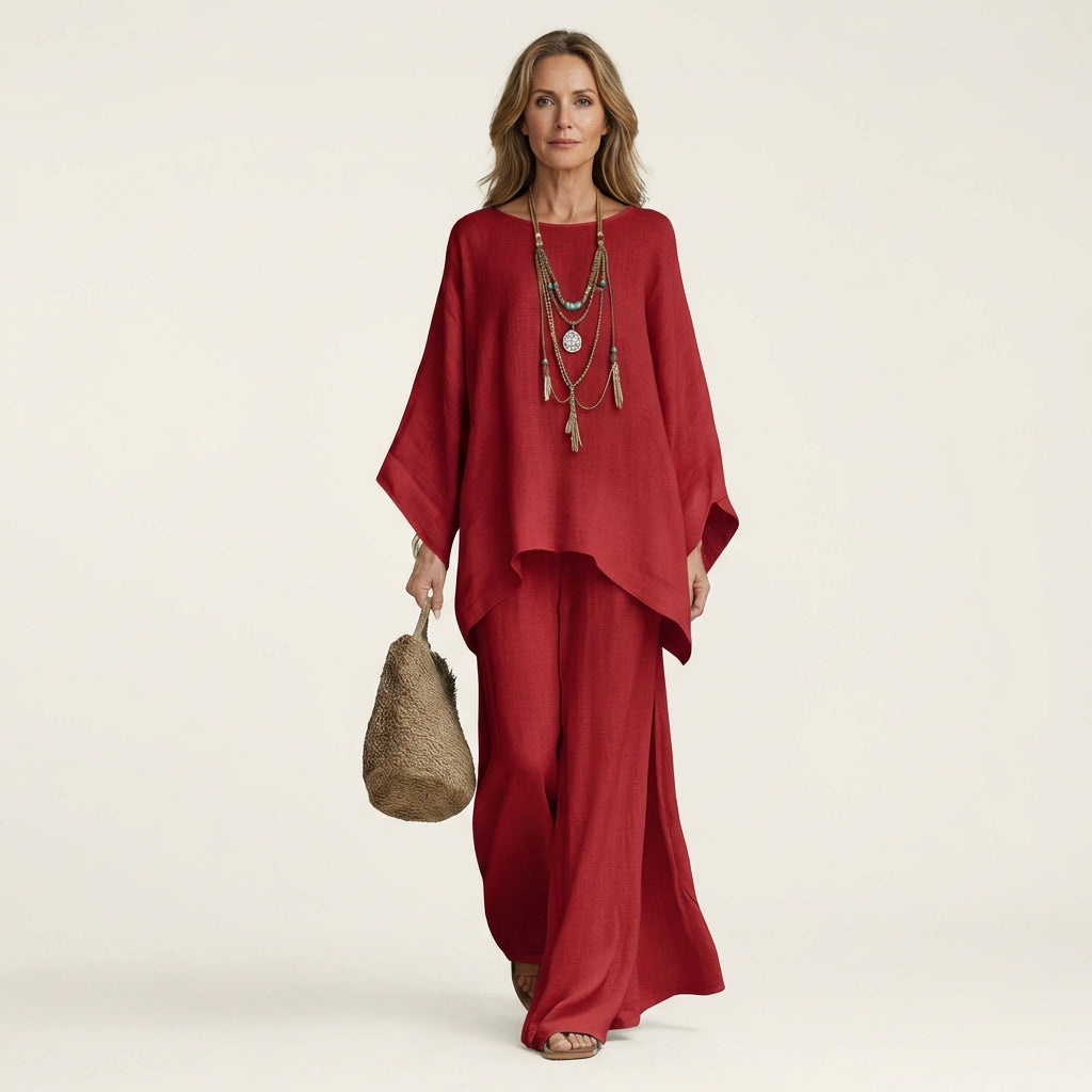 Red linen-blend boho set: draped dolman blouse with wide-leg pants