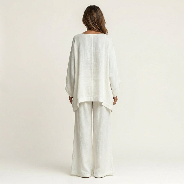 White back view: draped dolman blouse with wide-leg pants, linen-blend boho set