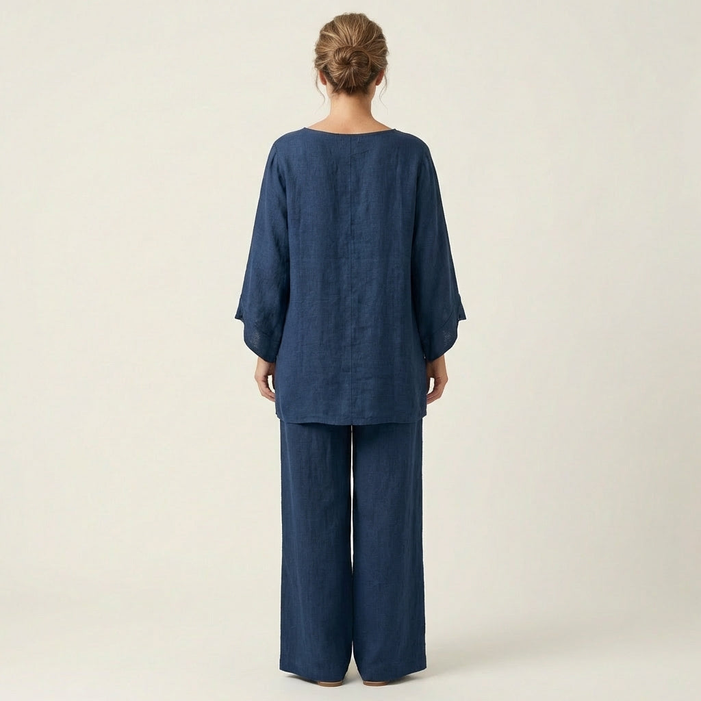 Navy back view linen-blend boho set: draped dolman blouse and wide-leg pants