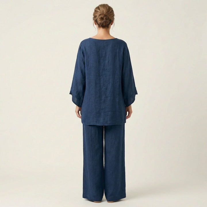 Navy back view linen-blend boho set: draped dolman blouse and wide-leg pants