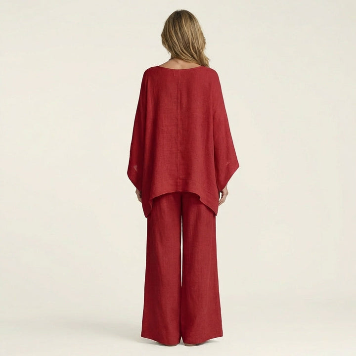 Red back view linen-blend boho set: draped dolman blouse and wide-leg pants