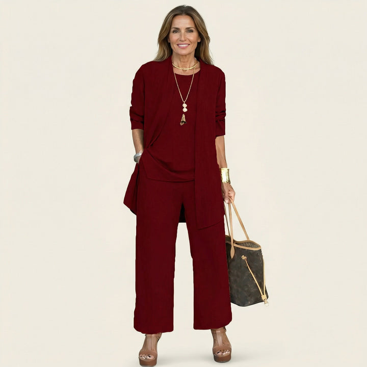 Wine red knit three-piece outfit: short-sleeve top, wide-leg pants, matching layer