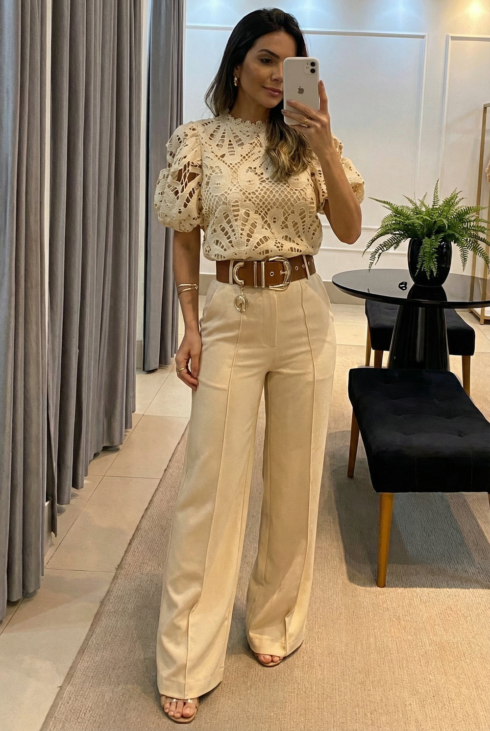 Cream lace crop top with puff sleeves and matching wide-leg trousers, belt included